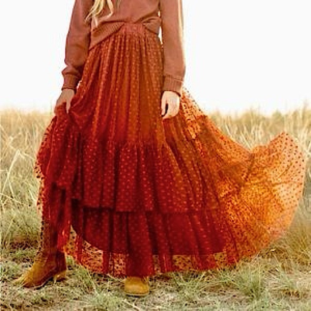 🧶Joyfolie Mia Joy Full Red Maxi Skirt w Ruffle Tiered Layers & Polka Dots NWT✨